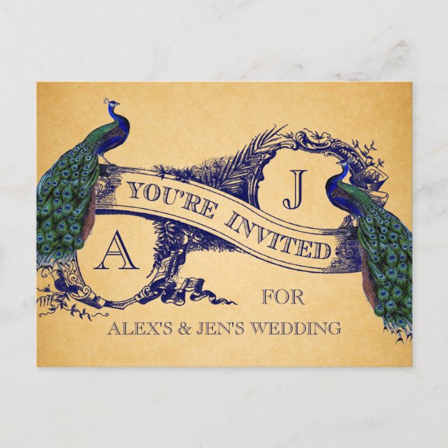 Cartão postal de convite de casamento vintage Pavã (Frente)