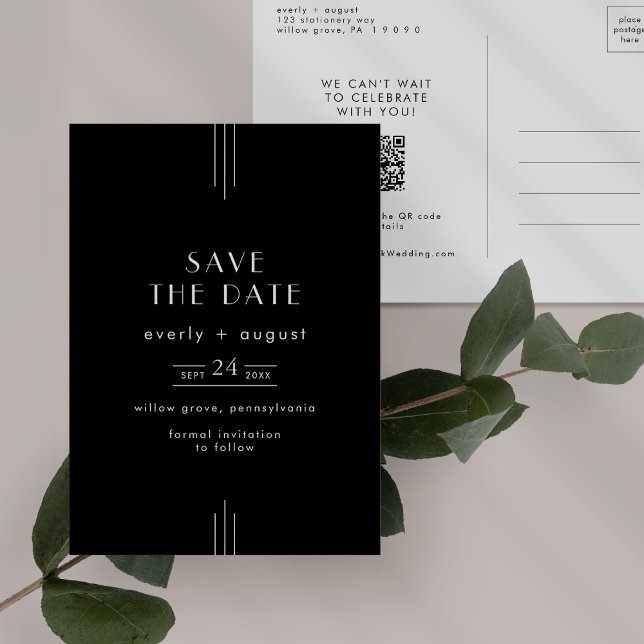 Cartão Postal De Convite Deco de Arte Sempre Moderno Casamento Negro Salve  (EVERLY Modern Art Deco Black Wedding Save the Date Invitation Postcard)
