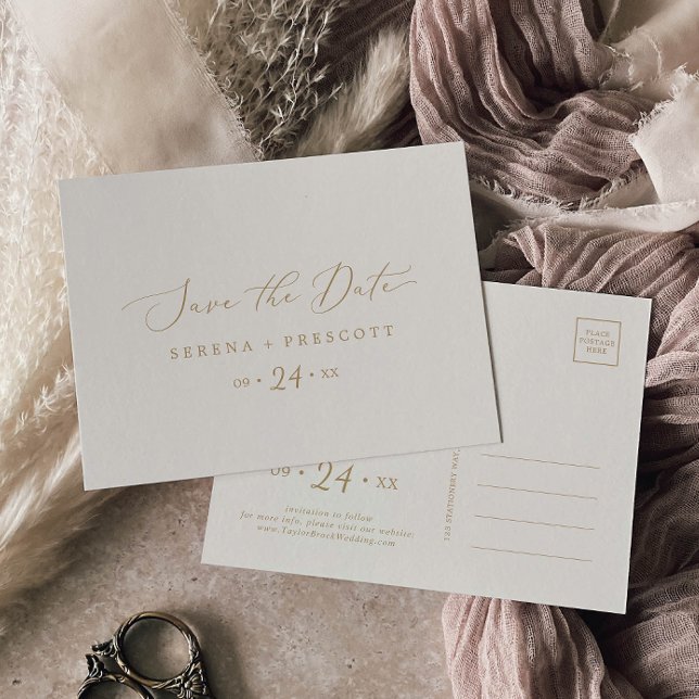 Cartão Postal De Convite Delicar Dourado e Creme Horizontal Salvar a Data (Criador carregado)