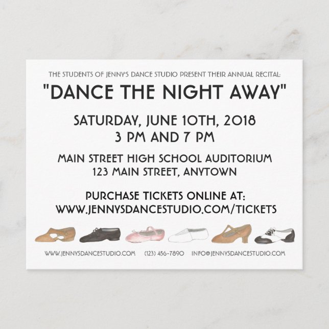 Cartão Postal De Convite Demonstração Anual de Caixas do Dance School Studi (Frente)
