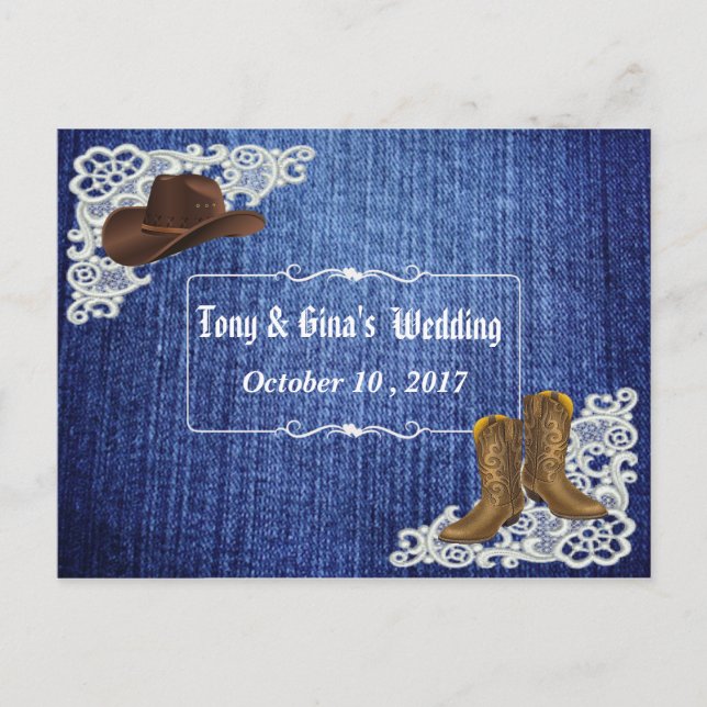 Cartão Postal De Convite Denim Boots & Lace Wedding RSVP (Frente)