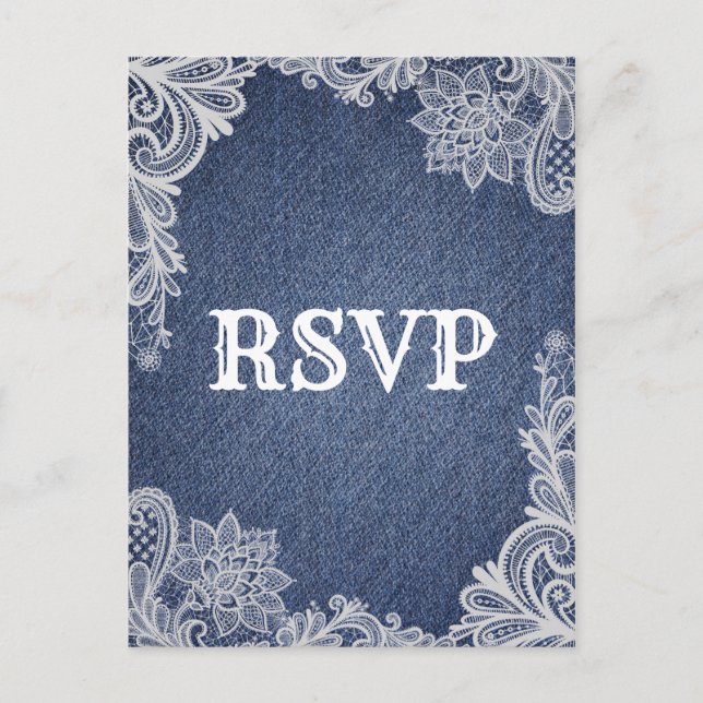Cartão Postal De Convite Denim e Renda Floral Elegante Casamento RSVP (Frente)
