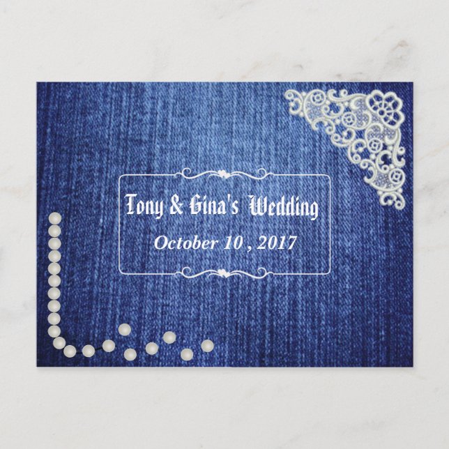 Cartão Postal De Convite Denim Pearls & Lace Weding RSVP (Frente)