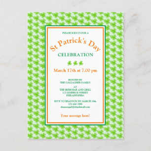 Cartão Postal De Convite Dia de São Patrício Green Shamrock Party