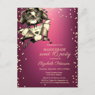 Cartão Postal De Convite Diamantes Dourados,Máscara de Veneza,Rosa Doce 16