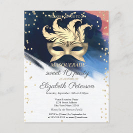 Cartão Postal De Convite Diamantes Dourados,Máscara,Pincelada Sweet 16
