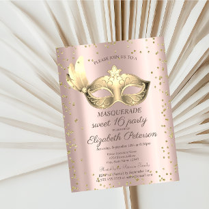 Cartão Postal De Convite Diamantes Masque Rose Gold Máscara Doce 16