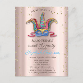 Cartão Postal De Convite Diamantes Rosa Dourado Masque Colorido Doce 16