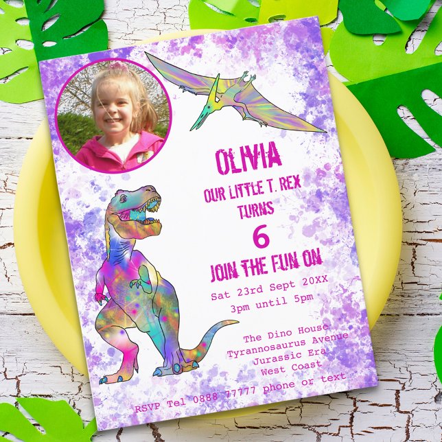 Cartão Postal De Convite Dinossauro 5 de Aniversário T Rex Rapariga Foto Ro (Dinosaur T-Rex girls 5th birthday party budget invitation postcard with photo template watercolor)