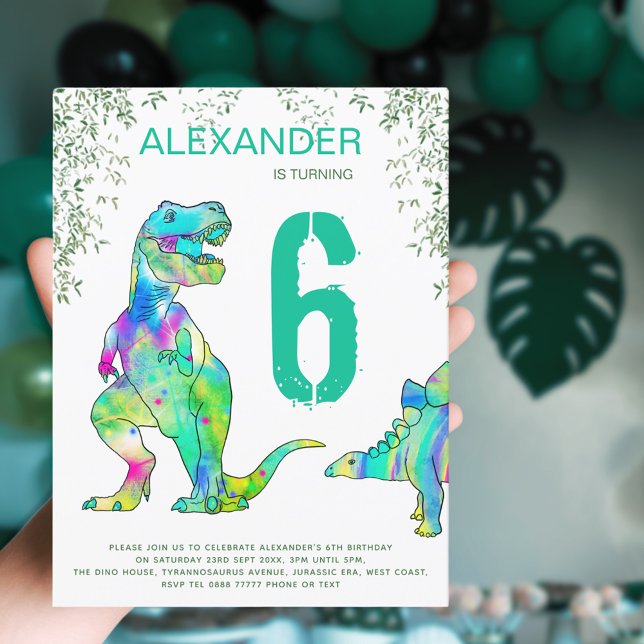 Cartão Postal De Convite Dinossauro, meninos do partido da selva (Colorful dinosaur 6th birthday party invitation with T-Rex and Stegosaurus )