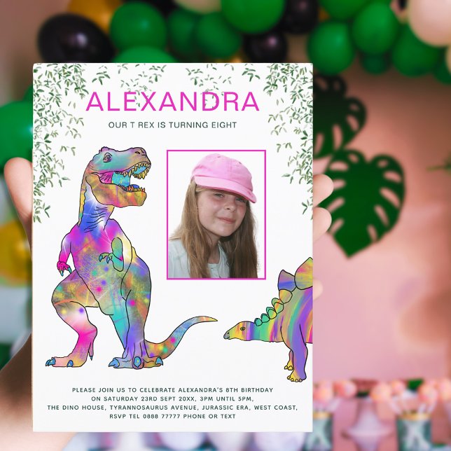 Cartão Postal De Convite Dinossauro Pareceu Festa de aniversario de meninas (Dinosaur girls 8th birthday party budget invitation photo template and colorful T-Rex & stegosaurus)