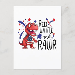Cartão Postal De Convite Dinossauro Rugidor Vermelho Branco