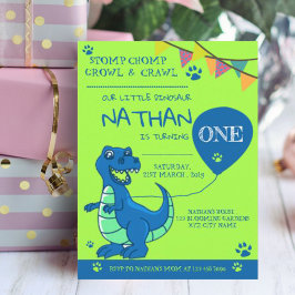 Cartão Postal De Convite Dinossauro Verde Azul Brito Primeiro Aniversário