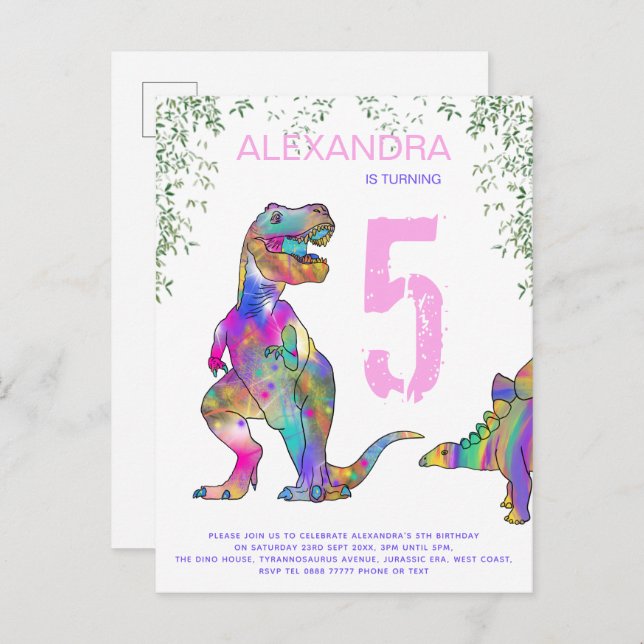 Cartão Postal De Convite Dinossauros Meninas 5 Festa de aniversário vermelh (Frente/Verso)
