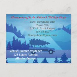 Cartão Postal De Convite Dirigindo pela estrada com uma árvore de natal