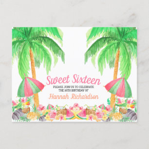 Cartão Postal De Convite Doce 16 Aniversário Temático Havaiano Aquarela