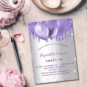Cartão Postal De Convite Doce 16 balões de brilho violeta prateado