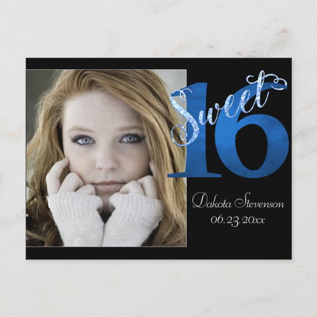 Cartão Postal De Convite Doce 16 | Blue 16th Birthday Photo Keepsasait (Frente)