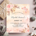 Cartão Postal De Convite Doce 16 borboletas de relva de pampas<br><div class="desc">Um fundo rosa dourado, rosado, rosado e roxo, com aspecto metálico. Decorados com ouro rosa e flores, rosas, erva-pampas e borboletas cor-de-rosa. Personalize e adicione um nome e detalhes da parte. Dica: Se você não quiser que pareça um cartão postal, clique em personalizar, vá para o verso e remova o...</div>