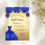 Cartão Postal De Convite Doce 16 florais de roupas brilhantes de ouro azul<br><div class="desc">Um convite moderno, na moda e glamouroso para uma doce festa de aniversário 16, 16. Um fundo de ouro falso com faíscas azuis falsas e um vestido azul real e rosas, florais. O nome é escrito com um moderno estilo escrito à mão. Personalize e adicione os detalhes da sua festa....</div>