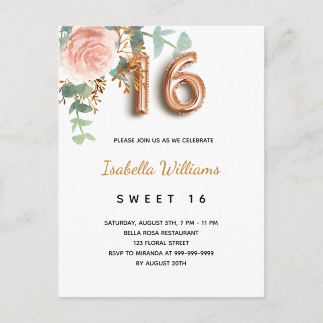 Cartão Postal De Convite Doce 16 ouro rosa floral eucalipto verde (Frente)