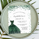 Cartão Postal De Convite Doce 16 verde esmeralda brilho glamouroso<br><div class="desc">Um convite moderno,  na moda e glamouroso para uma doce festa de aniversário 16,  16. Na frente: Um fundo branco com brilhos verdes,  um vestido verde esmeralda. O nome é escrito com um moderno estilo escrito à mão. Personalize e adicione os detalhes da sua festa.</div>