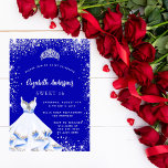 Cartão Postal De Convite Doce 16 vestido azul real de prata tiara glamouros<br><div class="desc">Uma tendência e um convite glamouroso para uma doce 16, 16 festa de aniversário. Um fundo azul real com poeira cintilante de prata falsa, uma tiara e um vestido. O nome é escrito com um moderno estilo escrito à mão. Personalize e adicione os detalhes da sua festa. Verso: cor azul...</div>