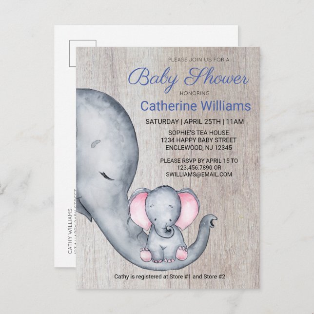 Cartão Postal De Convite Doce Chá de fraldas Russo Elefante Azul Convidado (Frente/Verso)