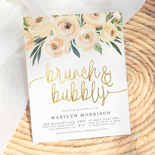 Cartão Postal De Convite Dourada caligrafia Floral Brunch e Bubble