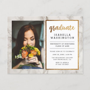 Cartão Postal De Convite Dourada Festa de formatura de Fotos Glitter e Marb