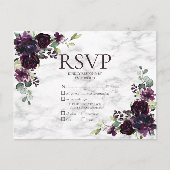 Cartão Postal De Convite Dourada Geométrica Plum Purple Marble Weding RSVP (Frente)