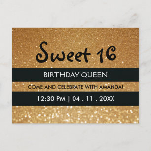 Cartão Postal De Convite Dourada Glitter Black Stripes Doce Dezesseis Anive