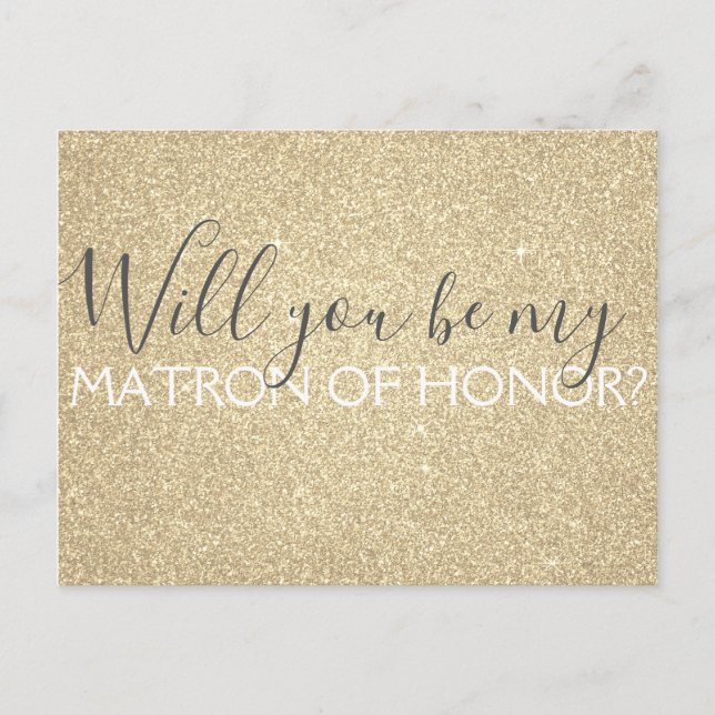 Cartão Postal De Convite Dourada Glitter & Sparkle Matron de Honra (Frente)