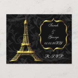 Cartão Postal De Convite Dourada torre Eiffel Casamento francês rsvp