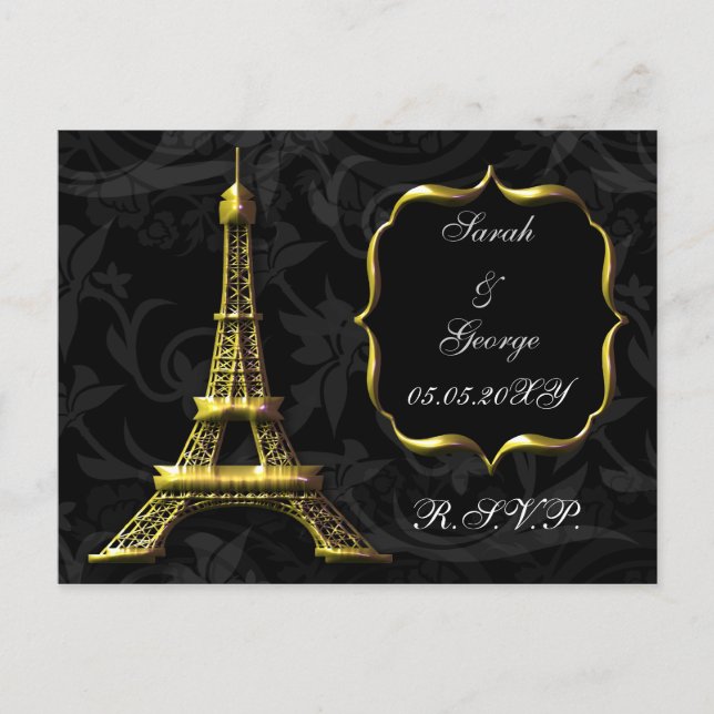 Cartão Postal De Convite Dourada torre Eiffel Casamento francês rsvp (Frente)