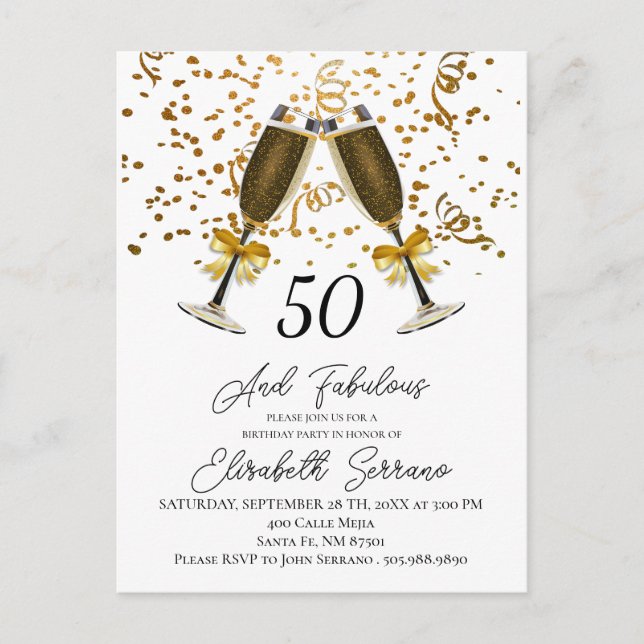 Cartão Postal De Convite Dourado Confetti Champagne Óculos 50º Aniversário (Frente)