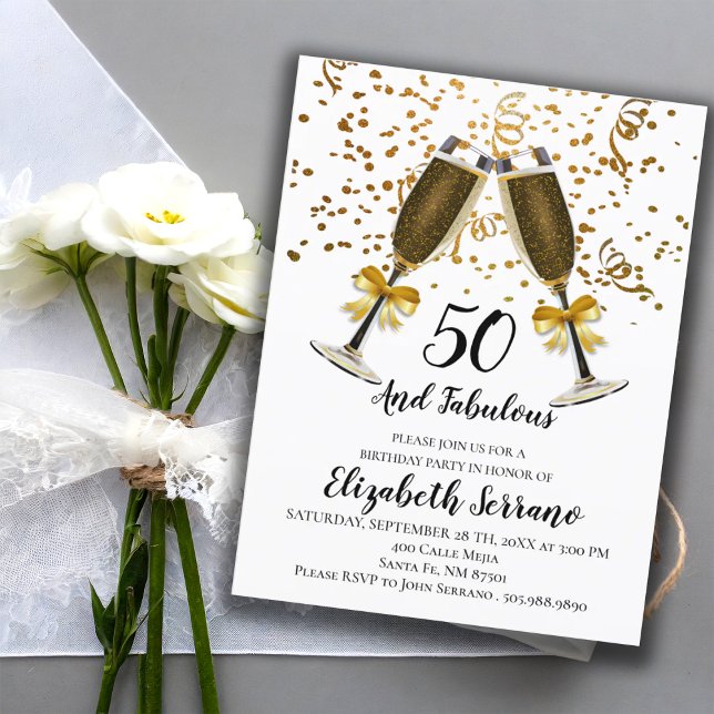 Cartão Postal De Convite Dourado Confetti Champagne Óculos 50º Aniversário (Criador carregado)