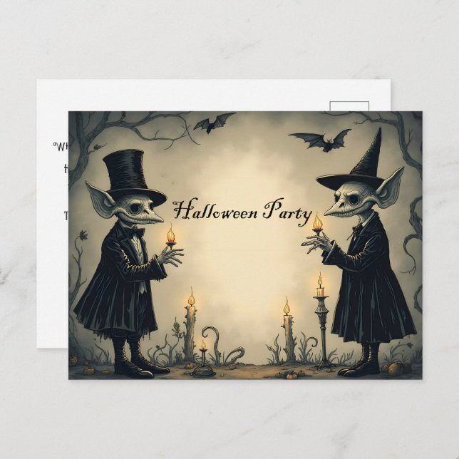Cartão Postal De Convite Duas Festas de Halloween de Goblins bem vestidas (Frente/Verso)