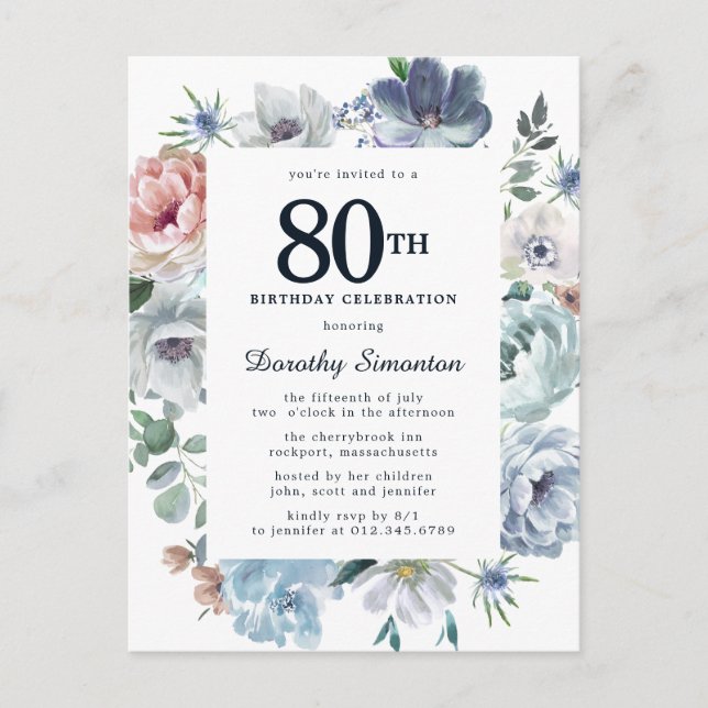 Cartão Postal De Convite Dusty Blue Floral 80 Birthday (Frente)