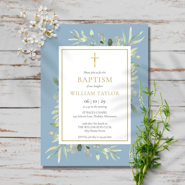 Cartão Postal De Convite Dusty Blue Greenery Baptism Christening (Criador carregado)