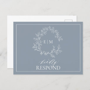 Cartão Postal De Convite Dusty Blue Leafy Crest Monograma Casamento RSVP