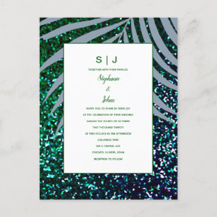 Cartão Postal De Convite Dusty Blue Palm Deixa Casamento Glitter Verde