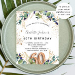 Cartão Postal De Convite Ecalyptus greenery glitter elegante de 60 anos<br><div class="desc">Para uma 60ª festa de aniversário. Um fundo branco decorado com verde de eucalipto e folhas de ouro. Pontos de brilho falsos do ouro. Personalize e adicione seus nomes e detalhes do casamento. Letras pretas e ouros coloridas. O número 60 é escrito com fonte de estilo de balão. Traseira: fundo...</div>