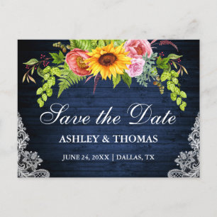 Cartão Postal De Convite Economias de madeira azuis florais do laço do