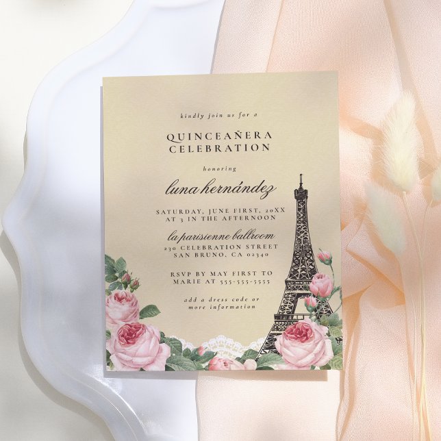 Cartão Postal De Convite Eiffel Tower Floral Paris Themed Quinceañera (Criador carregado)