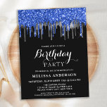 Cartão Postal De Convite Elegant Blue Silver Black Glitter Drips Birthday<br><div class="desc">Invite friends and family to your birthday party with these elegant blue, silver and black glitter drips birthday party invitations and party supplies. This blue and black birthday invitations is also perfect for retirement and graduation parties and celebrations, just change the event in personalization tab. This blue and black glitter...</div>