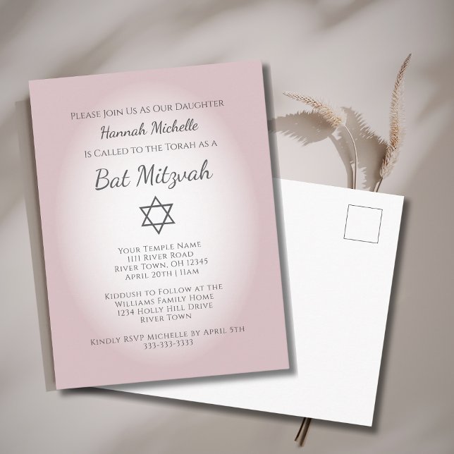 Cartão Postal De Convite Elegant Blush Pink Simple Feminine Bat Mitzvah  (Criador carregado)