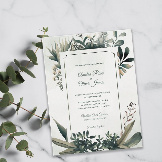 Cartão Postal De Convite Elegant Botanical Sage Green Greenery Wedding (Elegant Botanical Greenery Wedding Invitation | Sage Green Frame Garden Wedding Invite)