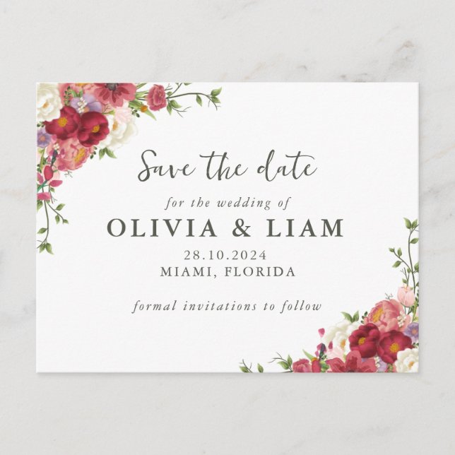 Cartão Postal De Convite Elegant Floral Save the Date Post Card (Frente)