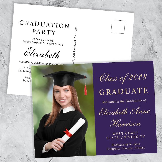 Cartão Postal De Convite Elegant Photo College Purple Graduation Party (Criador carregado)